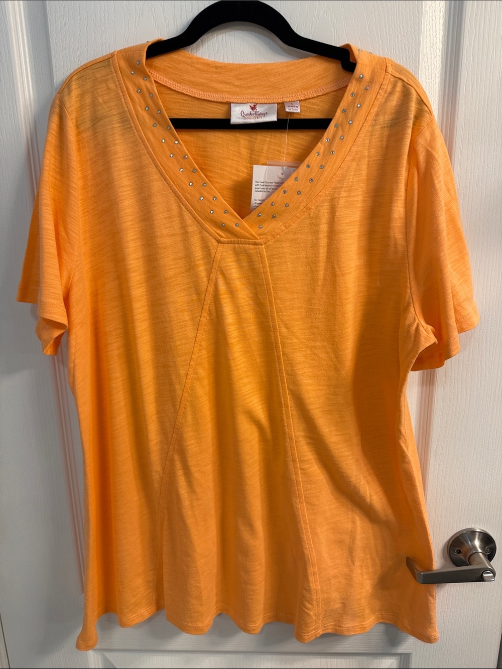 Quacker Factory Orange Short Sleeve V-Neck Swing Top with Rhinestone Detail